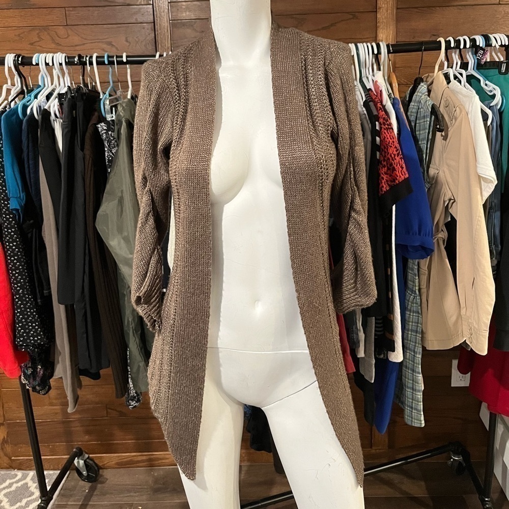RW & Co. XS Brown. Open Cardigan. Stretch. Cinch arms. Hi lo.